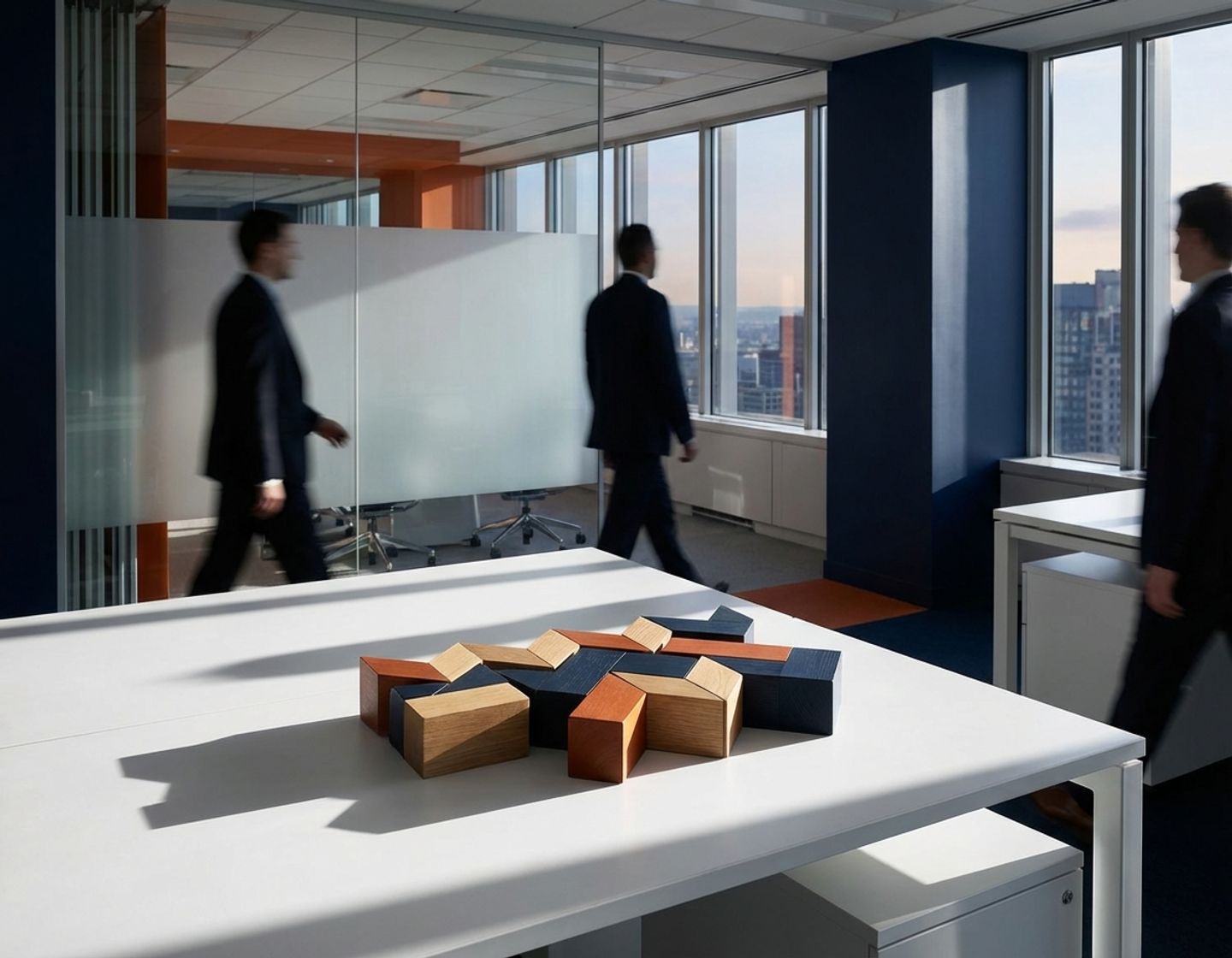 houten puzzelblokken in geometrisch patroon op wit bureau in modern kantoor met zakenmensen op achtergrond