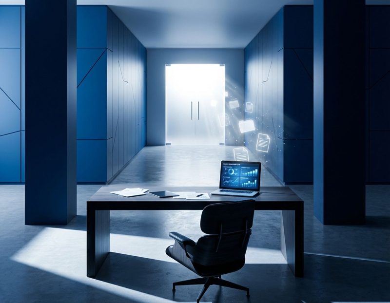 lege bureaustoelen en laptop met recruitmentdata in modern kantoor met dramatische verlichting en vliegende documenten