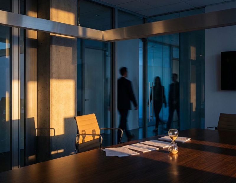 lege bureaustoel in moderne vergaderruimte met dramatische verlichting en weglopende figuren op de achtergrond