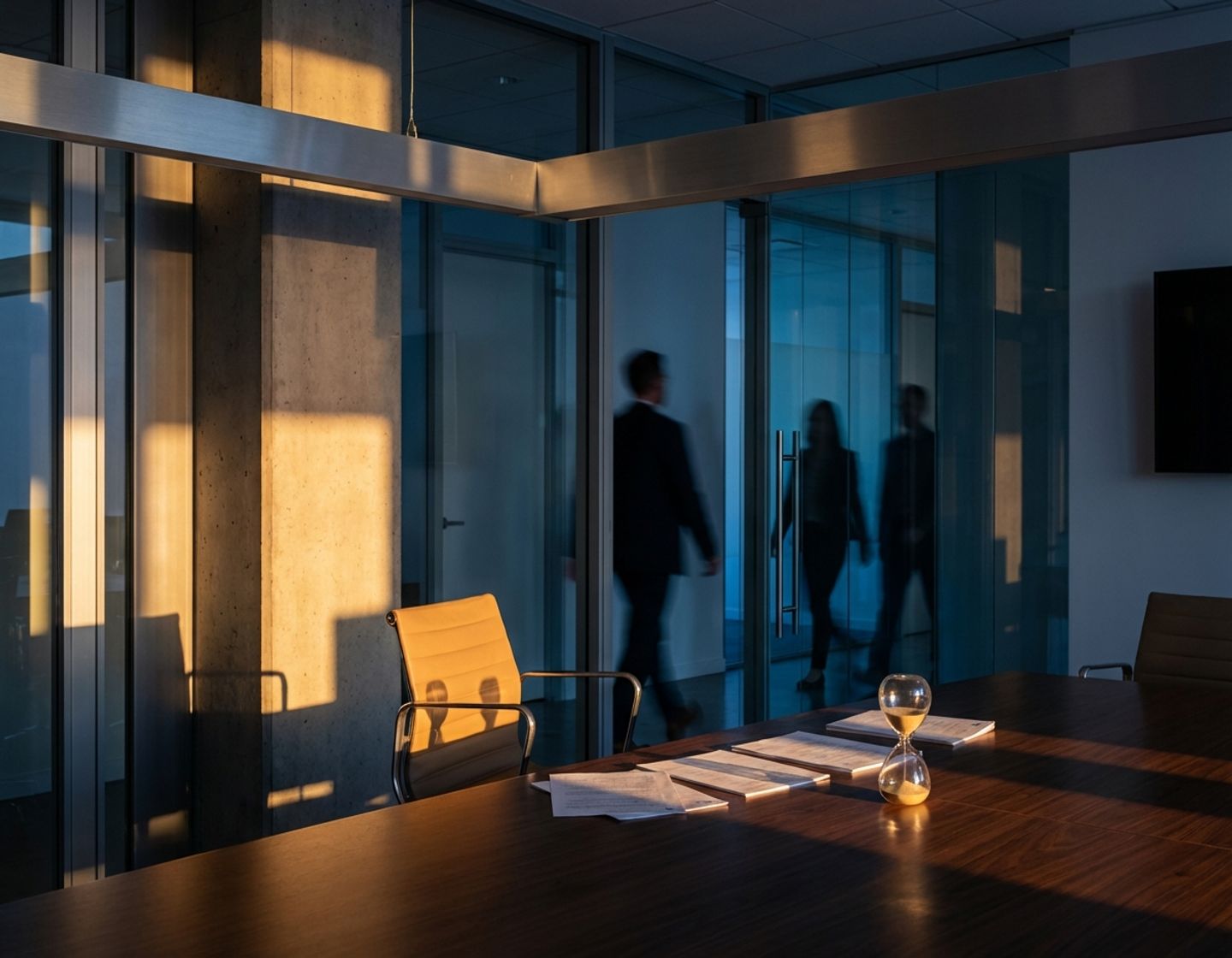 lege bureaustoel in moderne vergaderruimte met dramatische verlichting en weglopende figuren op de achtergrond