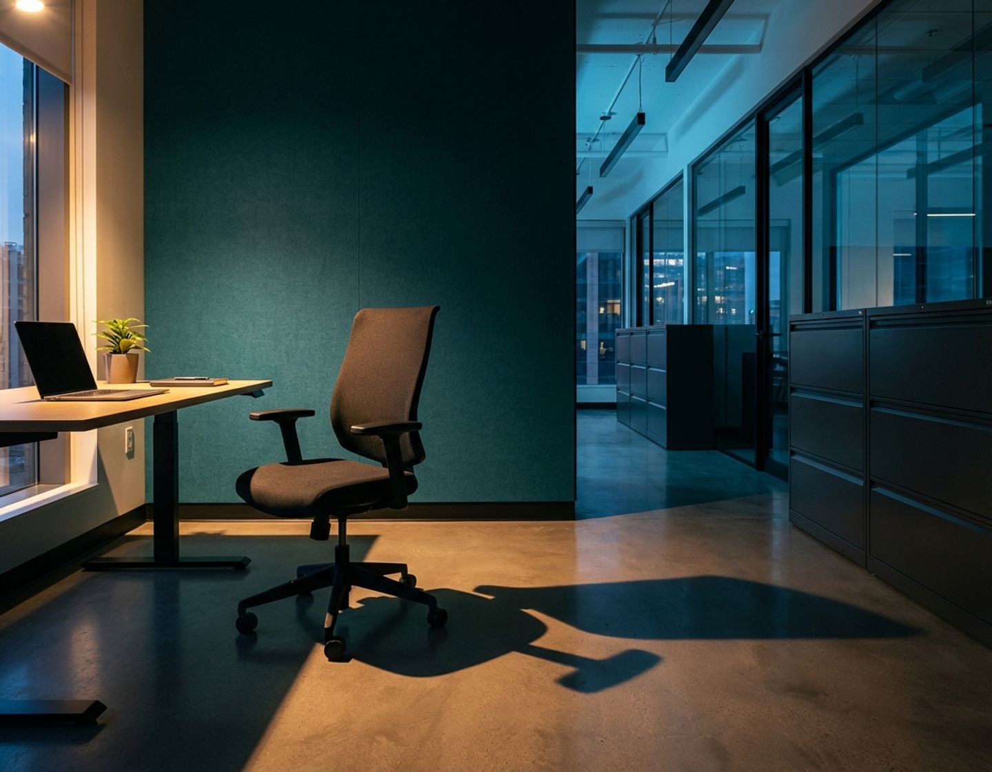 lege ergonomische bureaustoel voor turquoise muur in modern kantoor met dramatische verlichting en schaduwen