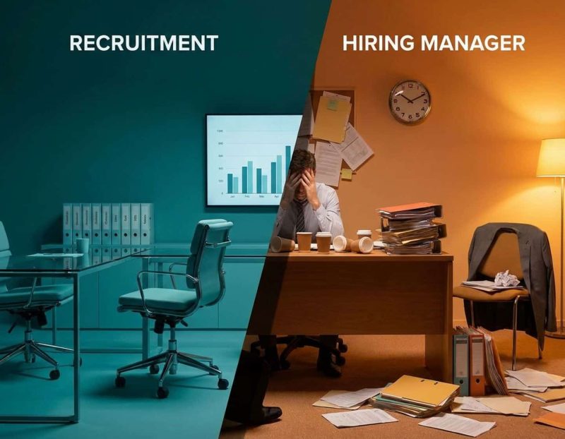 gesplitst kantoorbeeld: georganiseerde rekruteringskantoor in teal tegenover rommelig managerskantoor in oranje tinten