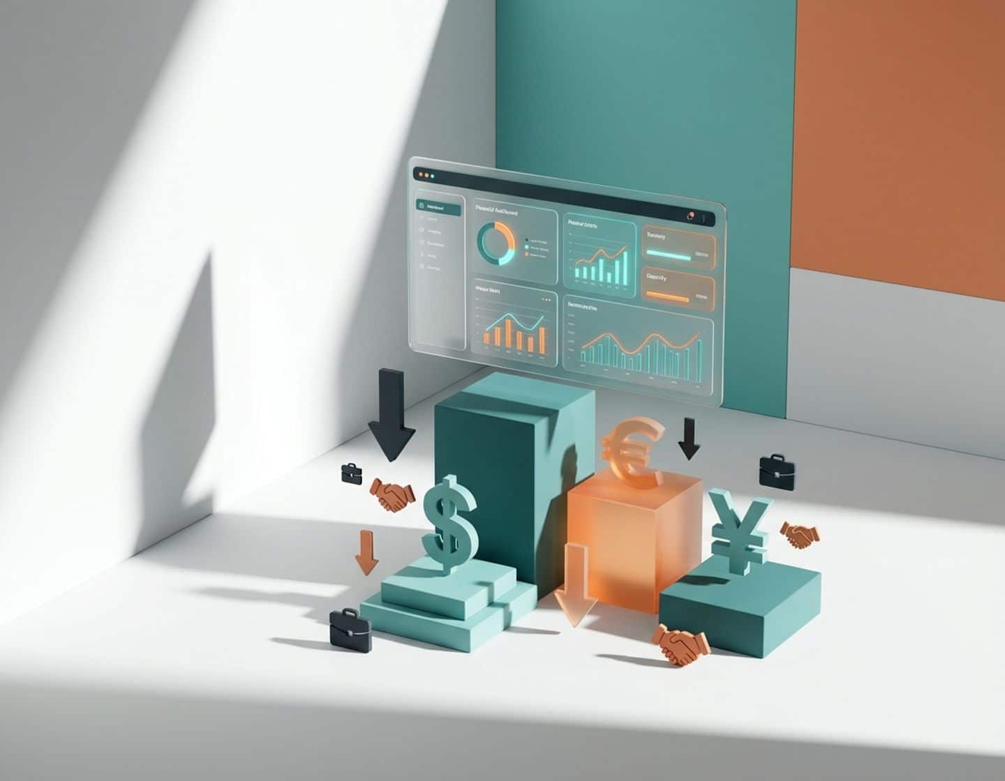 calculator boven gestapelde munten met pijlen naar beneden, recruitment iconen en teal-oranje kleurenpalet voor kostenbesparing