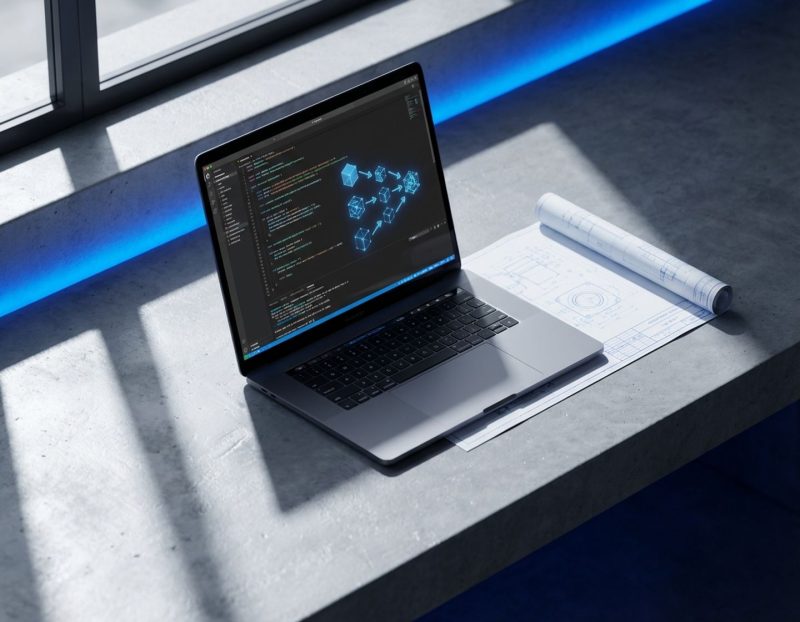 laptop met engineeringcode en recruitment visualisatie op betonnen bureau met blauw accentlicht en geometrische schaduwen