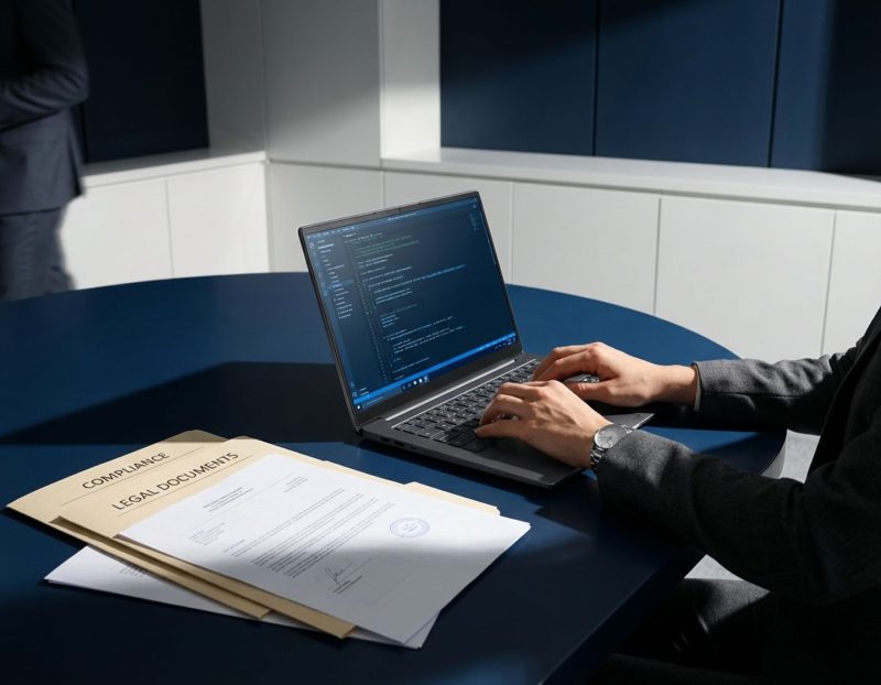 zakelijke professional typt code op laptop naast juridische documenten op vergadertafel in modern kantoor