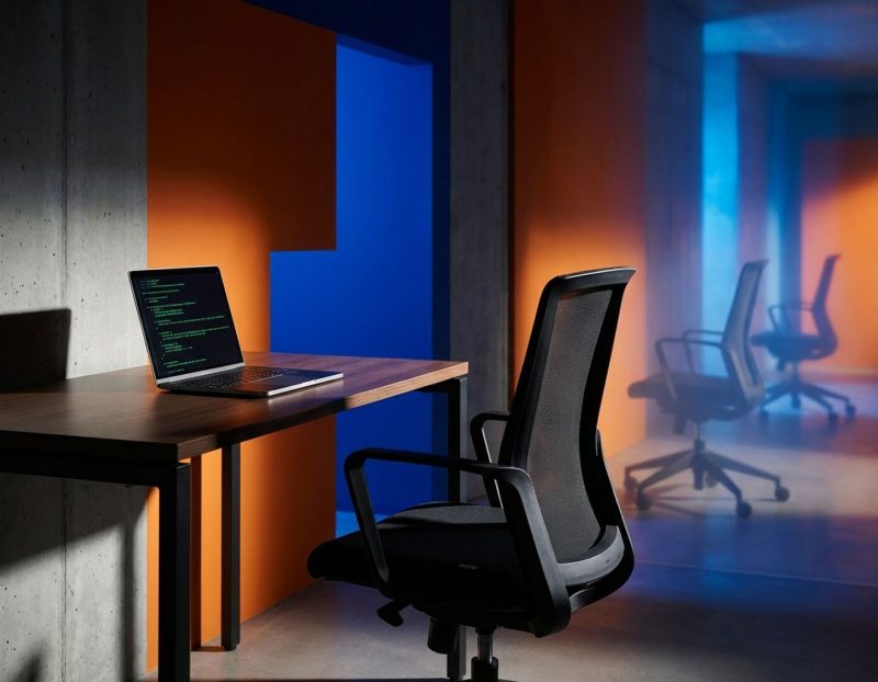 lege bureaustoel bij bureau met laptop met code op scherm, meerdere lege stoelen op achtergrond symboliseren it-vacatures