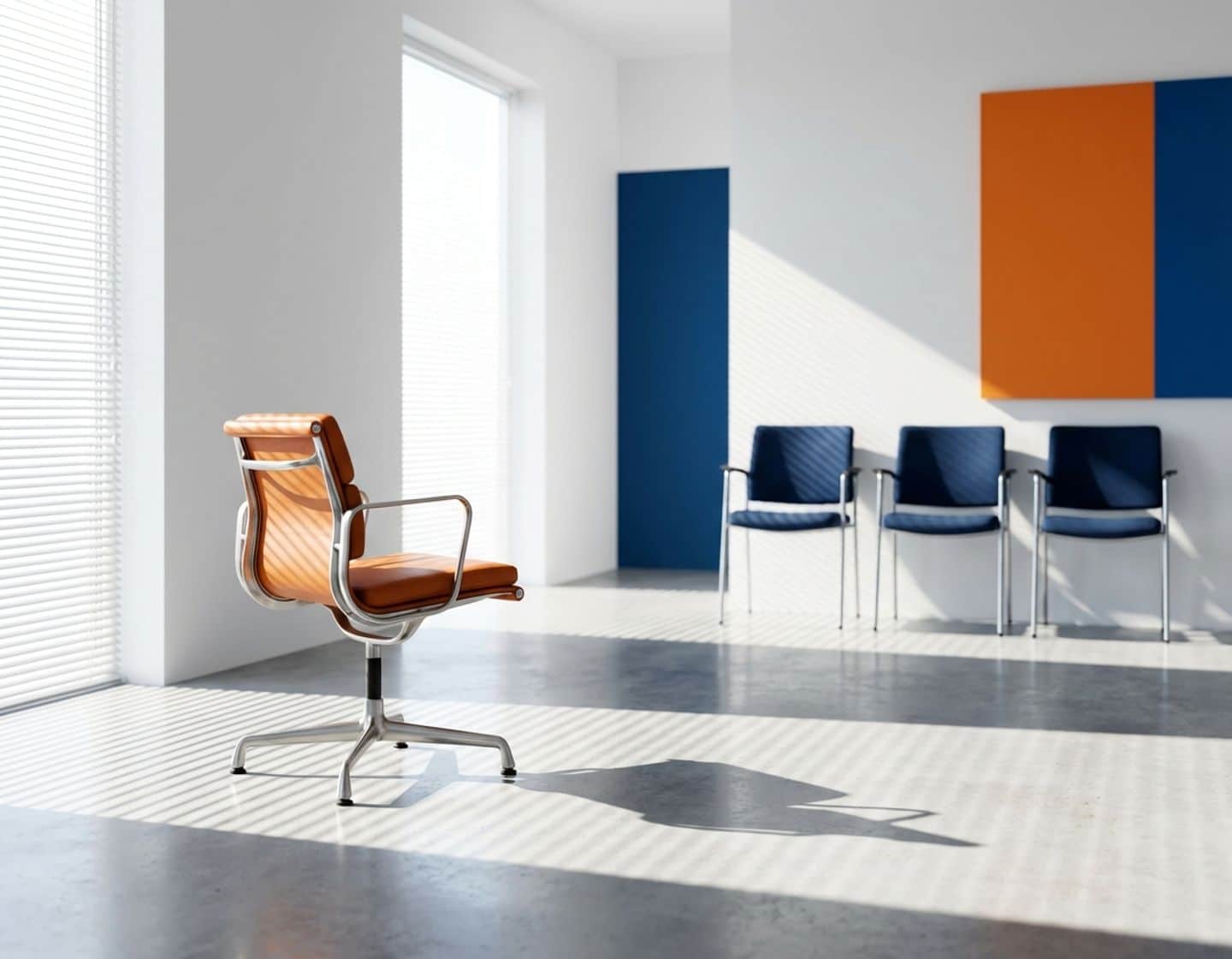 lege vergaderzaal met moderne stoelen in dramatisch oranje en blauw licht, één stoel prominent op voorgrond