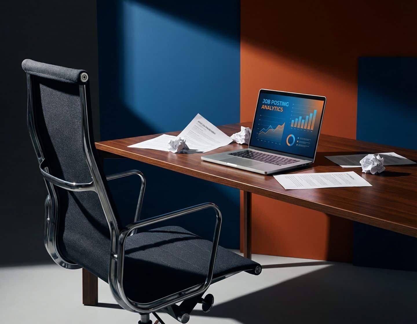 lege moderne bureaustoel aan bureau met cv's en laptop met vacature-analytics, dramatische belichting