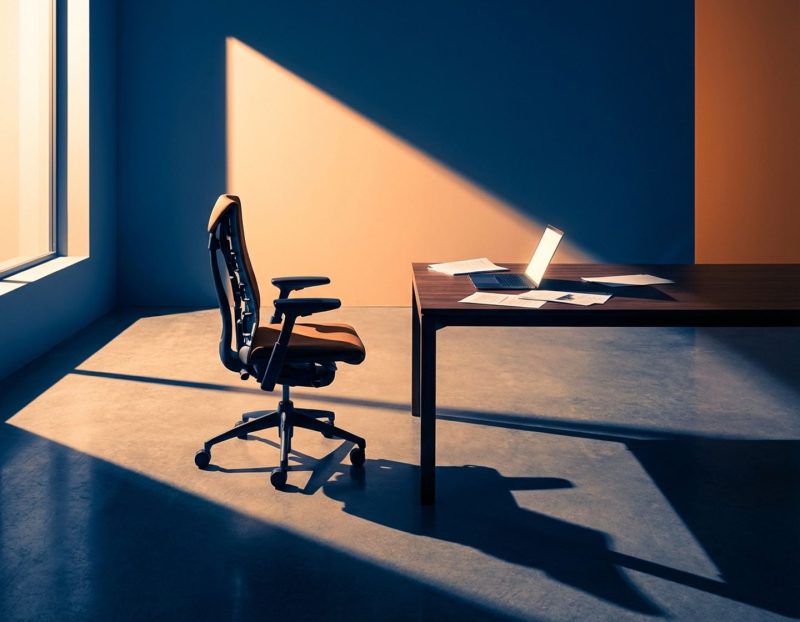 lege moderne bureaustoel aan bureau met laptop en papieren, dramatische oranje-blauwe verlichting symboliseert personeelskosten