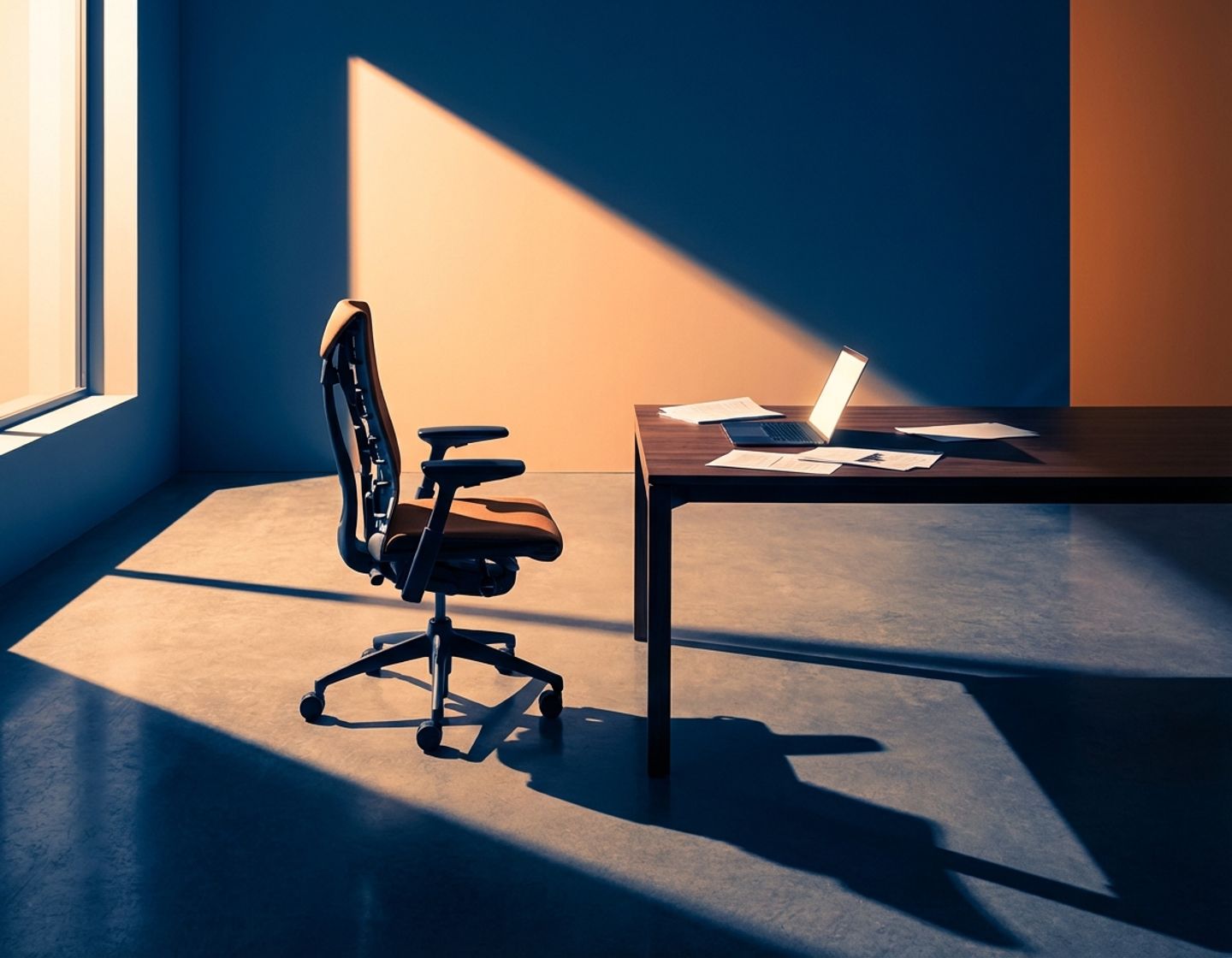 lege moderne bureaustoel aan bureau met laptop en papieren, dramatische oranje-blauwe verlichting symboliseert personeelskosten