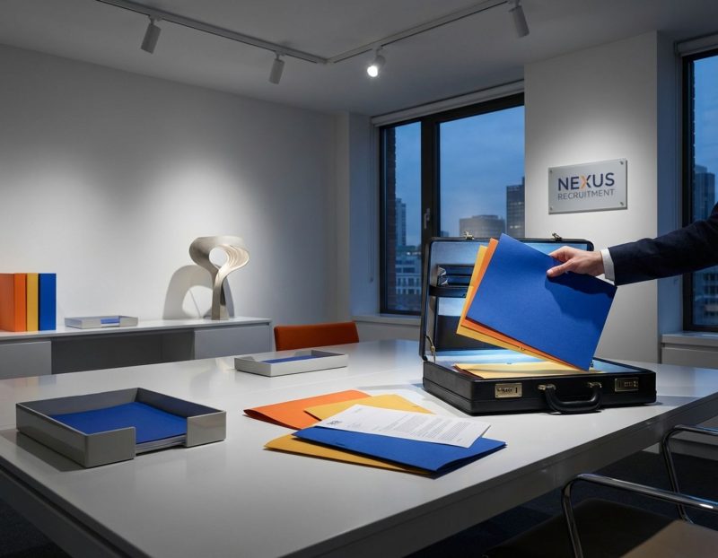 kleurrijke leveranciersmappen worden geconsolideerd in één verlichte aktetas op moderne witte bureau in kantoor