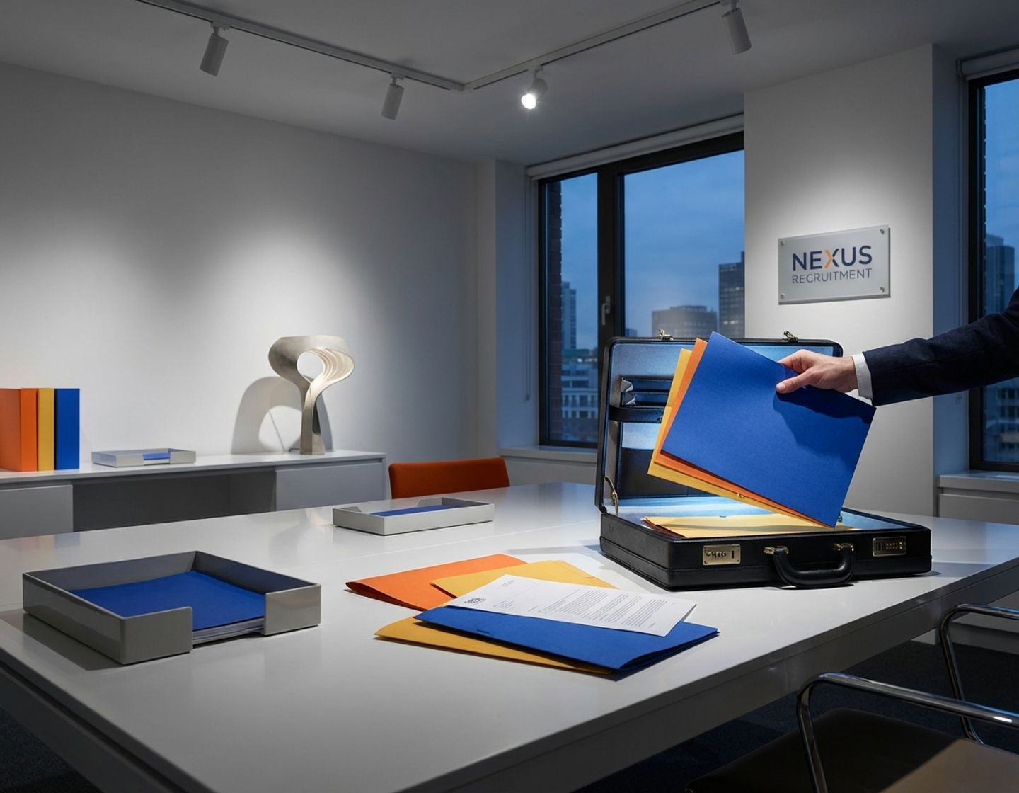 kleurrijke leveranciersmappen worden geconsolideerd in één verlichte aktetas op moderne witte bureau in kantoor
