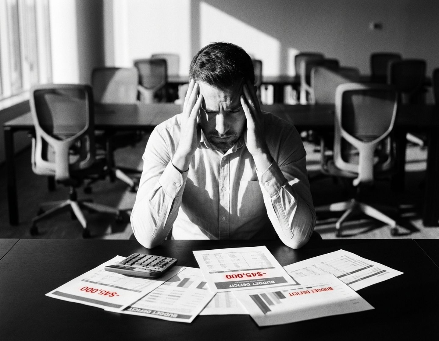 gestresste engineeringmanager aan bureau met lege stoelen, calculator en financiële documenten, dramatische belichting