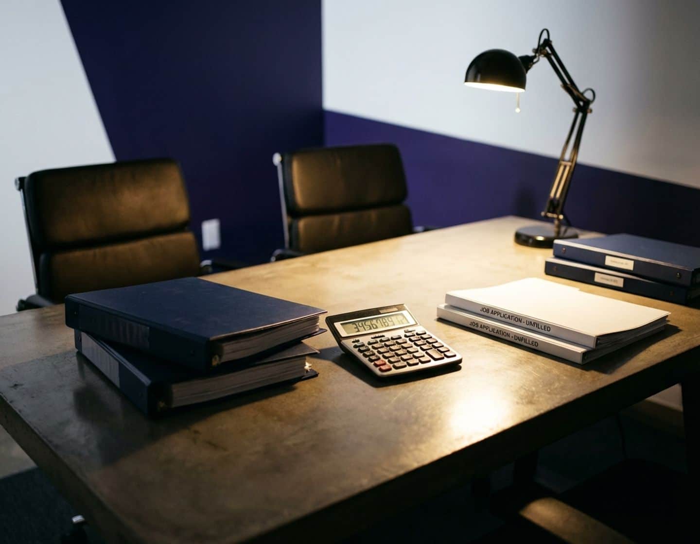 moderne kantoorbureau met rekenmachine met financiële cijfers, lege stoelen en sollicitatieformulieren onder bureaulamp