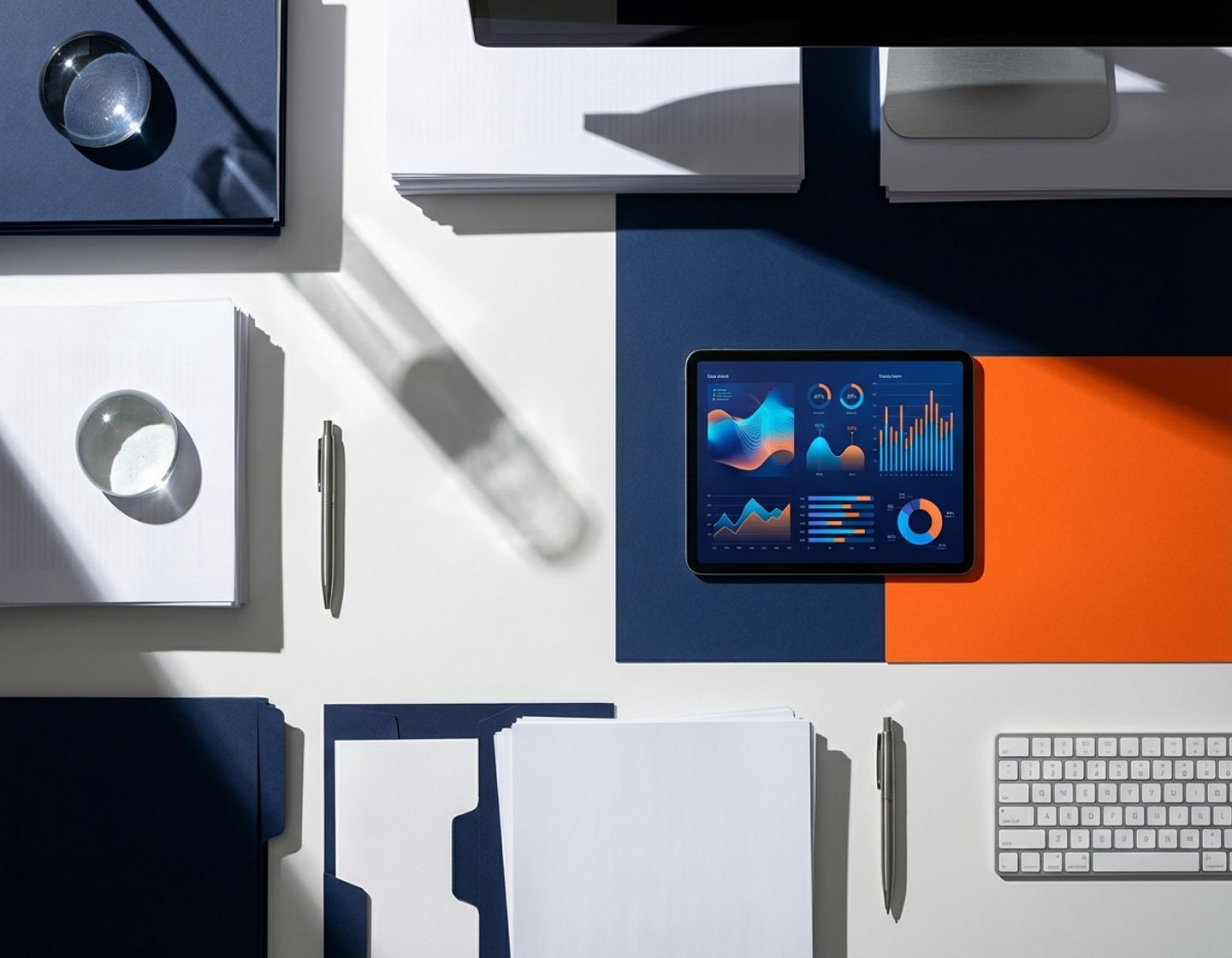 moderne kantoorwerkplek van bovenaf met georganiseerde documenten, tablet met datagegevens en dramatische verlichting