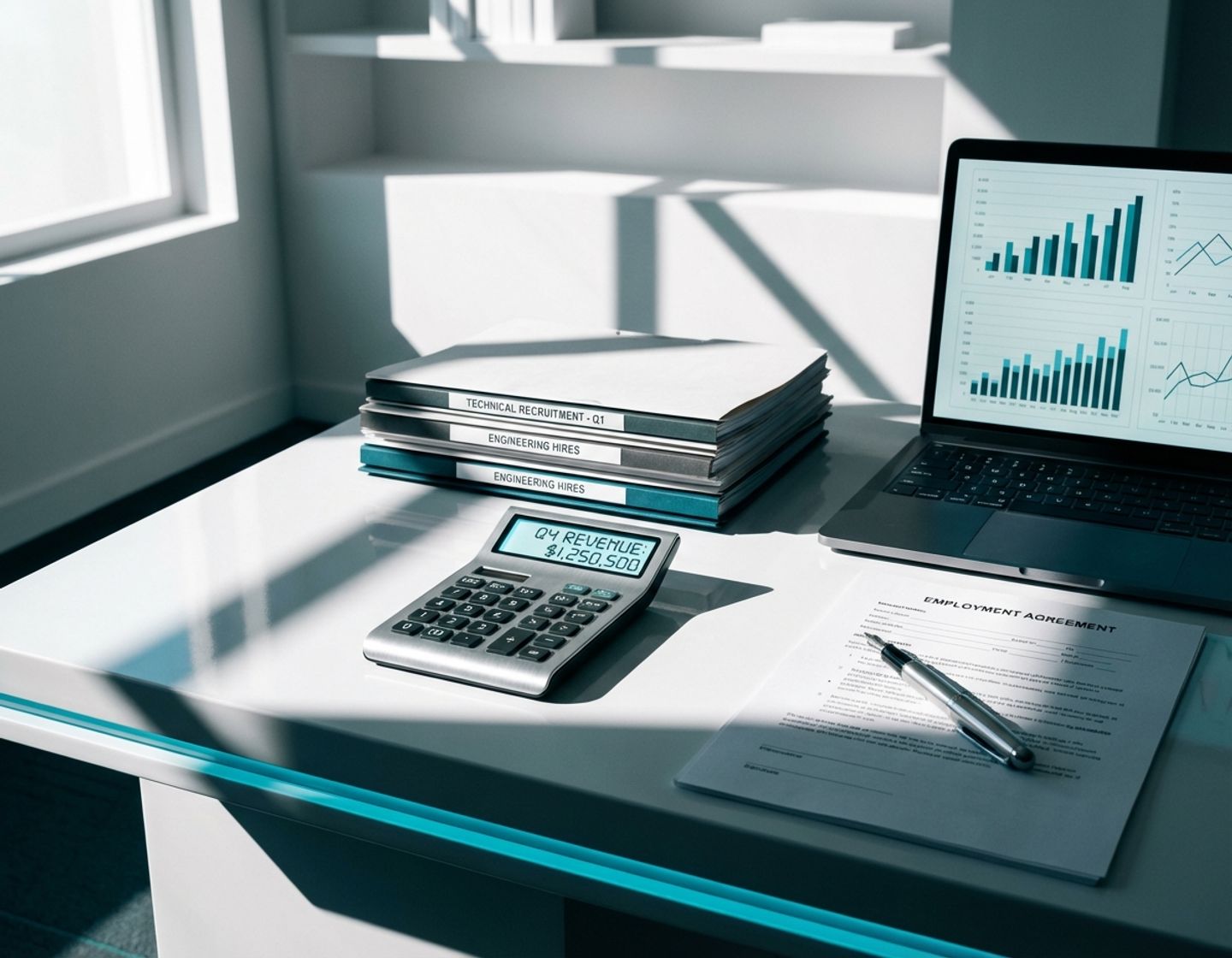 modern bureau met calculator, laptop met groeigrafiek, rekruteringscontracten en pen op wit oppervlak met blauw accent