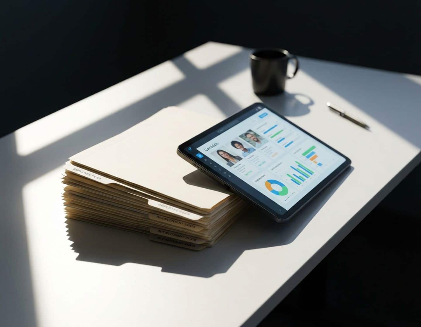 moderne kantoorbureau met georganiseerde personeelsdossiers en tablet met kandidaatprofielen in dramatisch licht