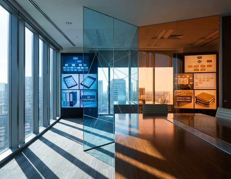 moderne kantooromgeving met glazen scheidingswand tussen hr-documenten in blauw en operationele grafieken in oranje