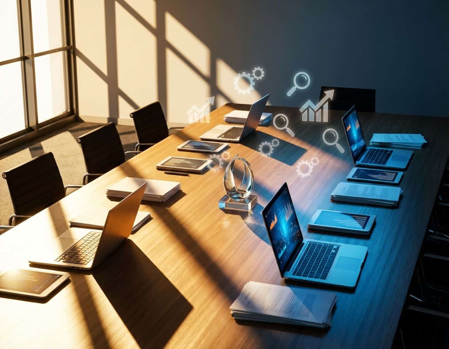 moderne vergaderruimte met laptops die data-visualisaties tonen, professionele documenten en recruitment-iconen op tafel