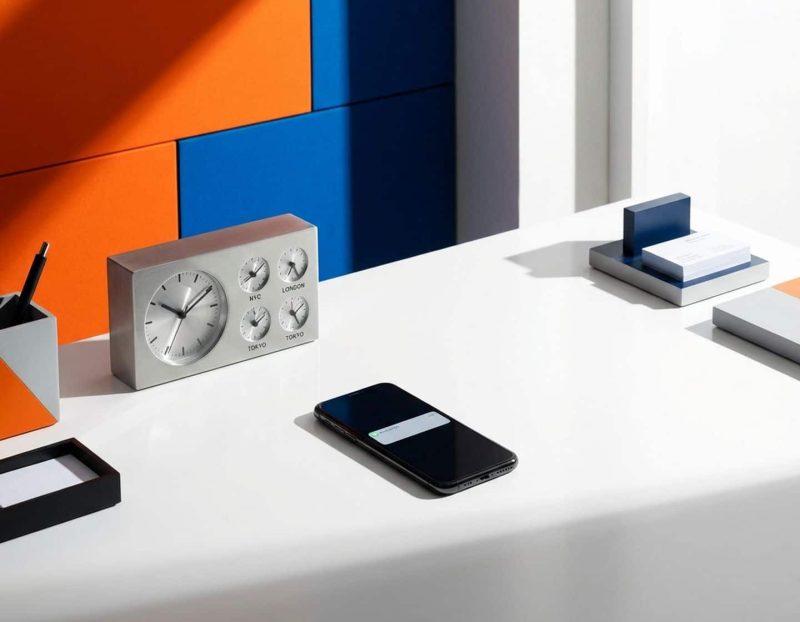 moderne kantoorbureau met smartphone en klok, dramatische belichting met oranje en blauwe achtergrond, minimalistisch design