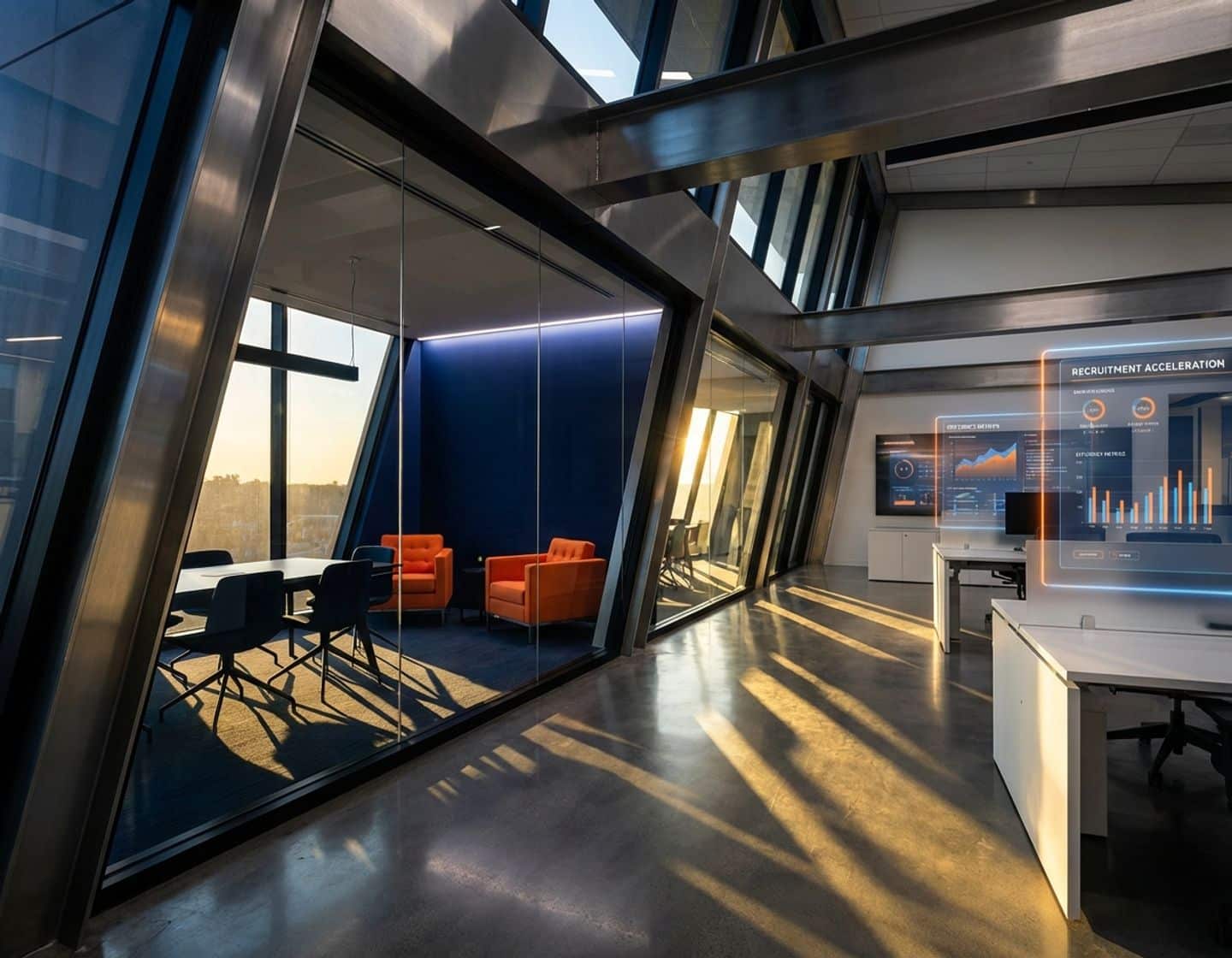 moderne glazen vergaderruimte met geometrisch meubilair, digitale interfaces en navy-oranje kleuraccenten in minimalistisch kantoor