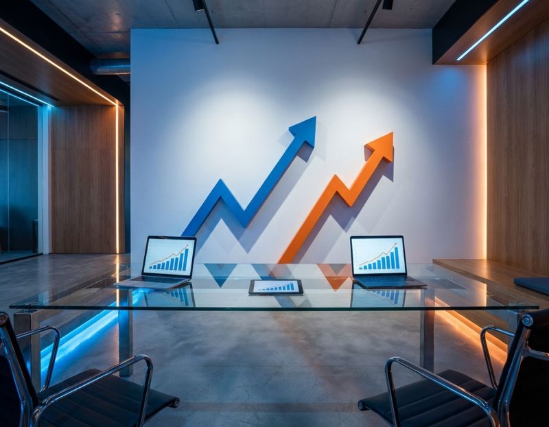 moderne kantooromgeving met glazen vergadertafel, laptops en stijgende groeigrafiek in blauw-oranje verlichting
