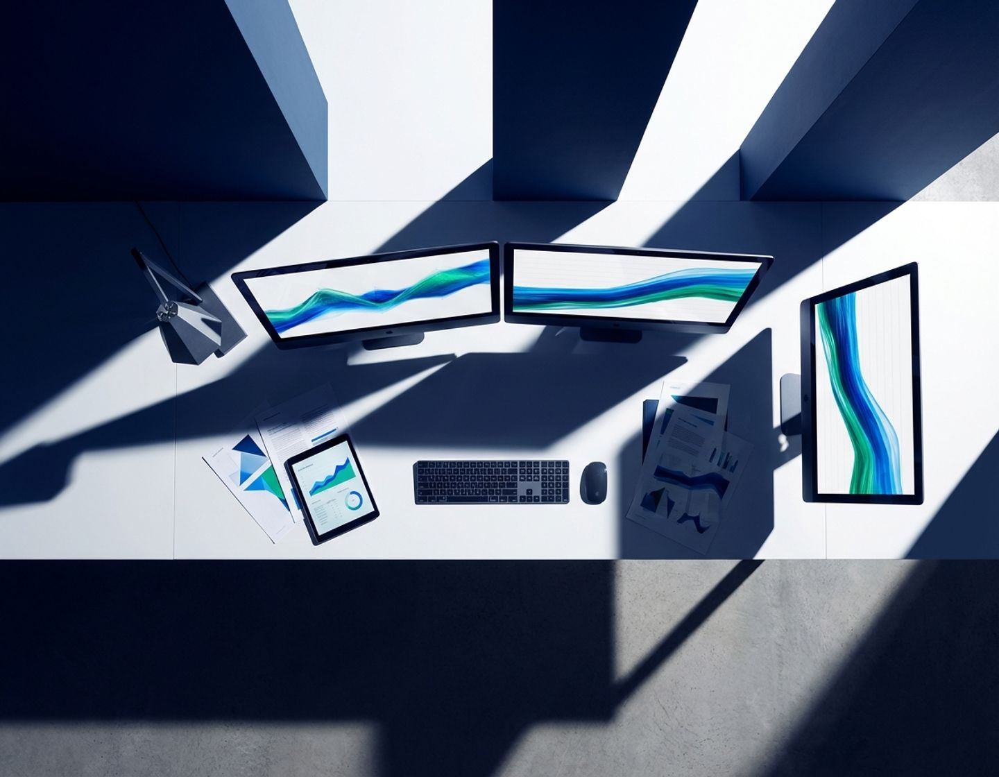 modern kantoorwerkplek van bovenaf met meerdere computerschermen die data visualisaties tonen in blauw en groen tinten