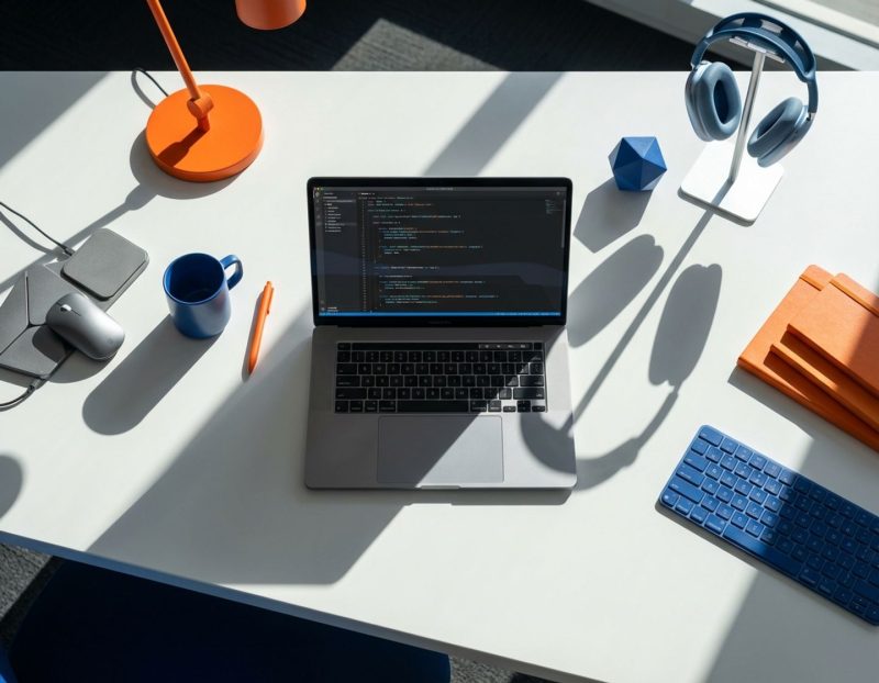 moderne werkplek met laptop die code toont, omgeven door minimalistische tech accessoires in oranje en blauwe accenten