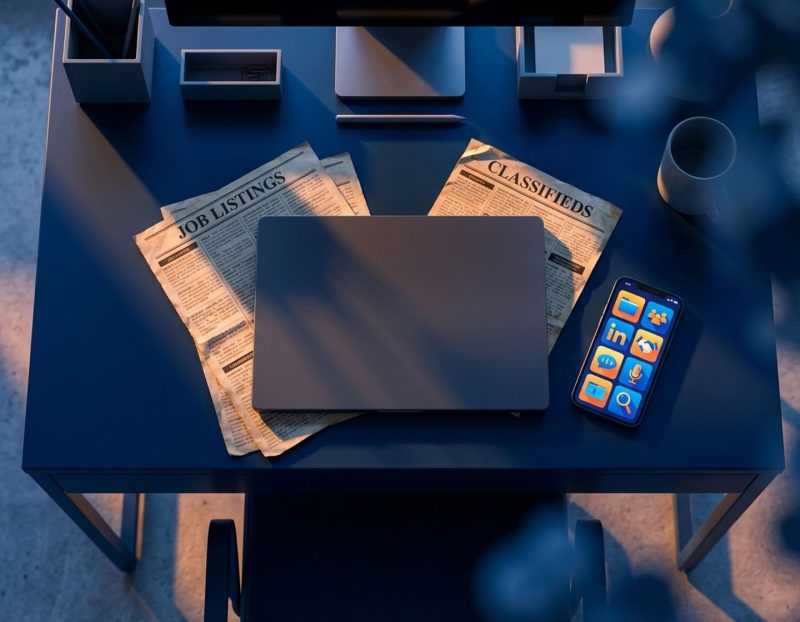 moderne bureauopstelling met laptop, smartphone en traditionele krantenadvertenties die overgang van oude naar nieuwe wervingsmethoden toont