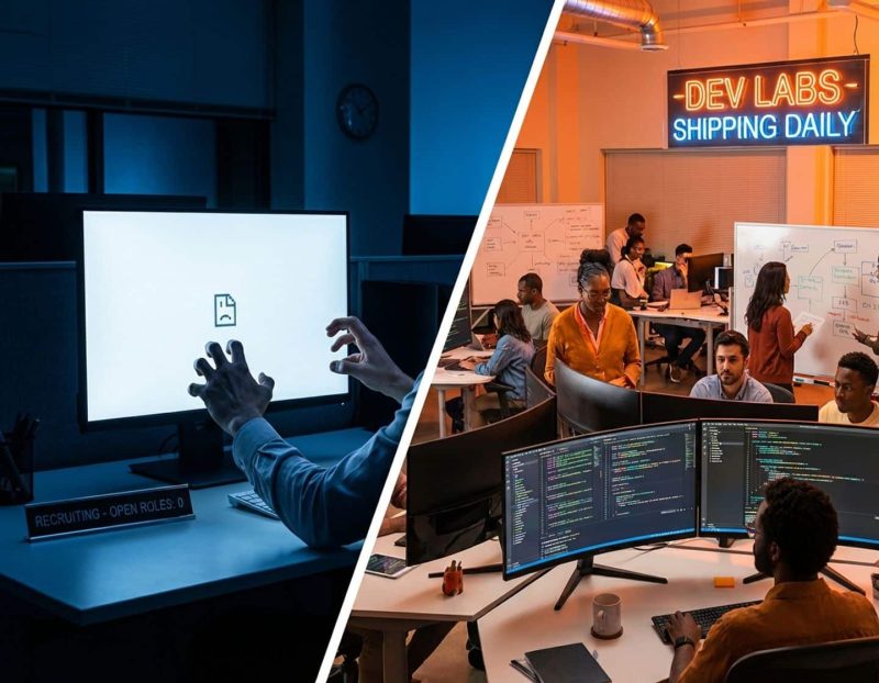 gefrustreerde recruiter reikt naar leeg scherm tegenover levendige tech-werkplek met ontwikkeltools en code