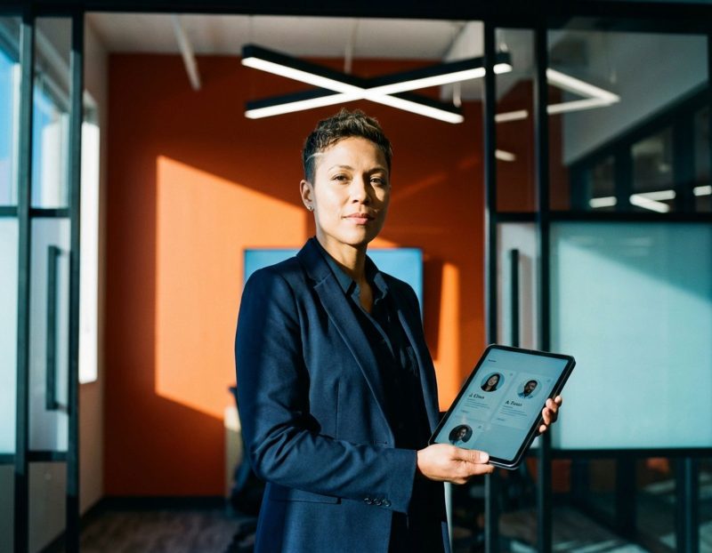 zelfverzekerde zakenprofessional met tablet toont kandidaatprofielen in modern tech kantoor met oranje accent muur