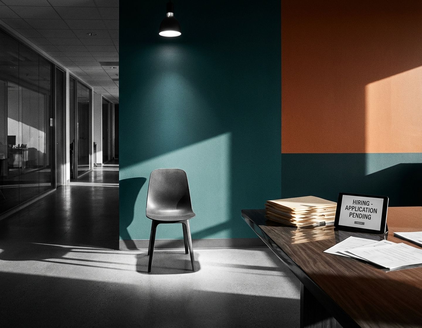 lege stoel in moderne kantoorgang met dramatische verlichting en documenten op tafel, symboliseert gemiste kansen