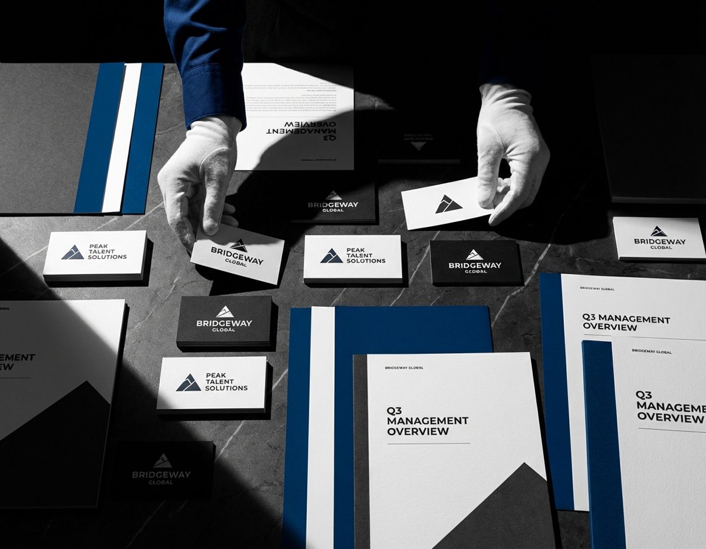 handen organiseren visitekaartjes en documenten van recruitmentbureau op donker oppervlak met dramatische belichting