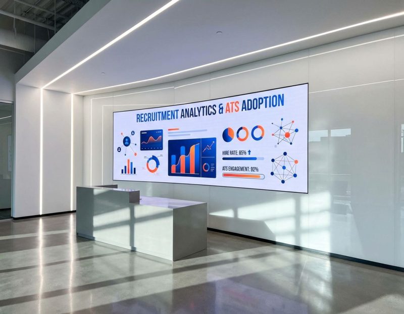 digitaal dashboard met kleurrijke hr-analytics en ats-statistieken in modern kantoor met dramatische verlichting
