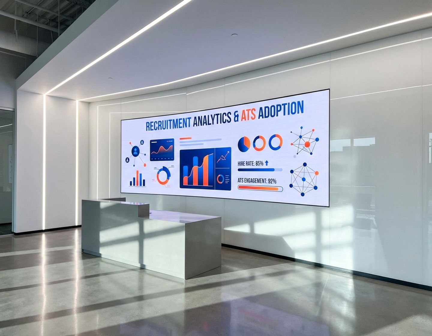 digitaal dashboard met kleurrijke hr-analytics en ats-statistieken in modern kantoor met dramatische verlichting