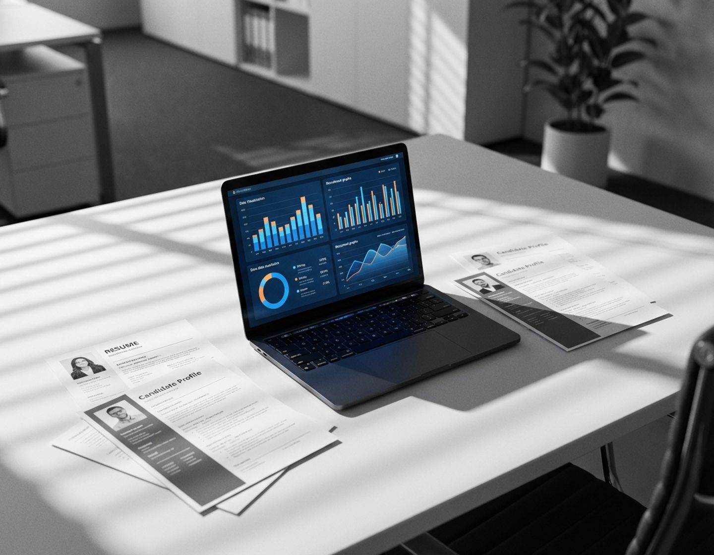 laptop met kleurrijke data-analytics dashboards op modern bureau omringd door cv's en kandidaatprofielen