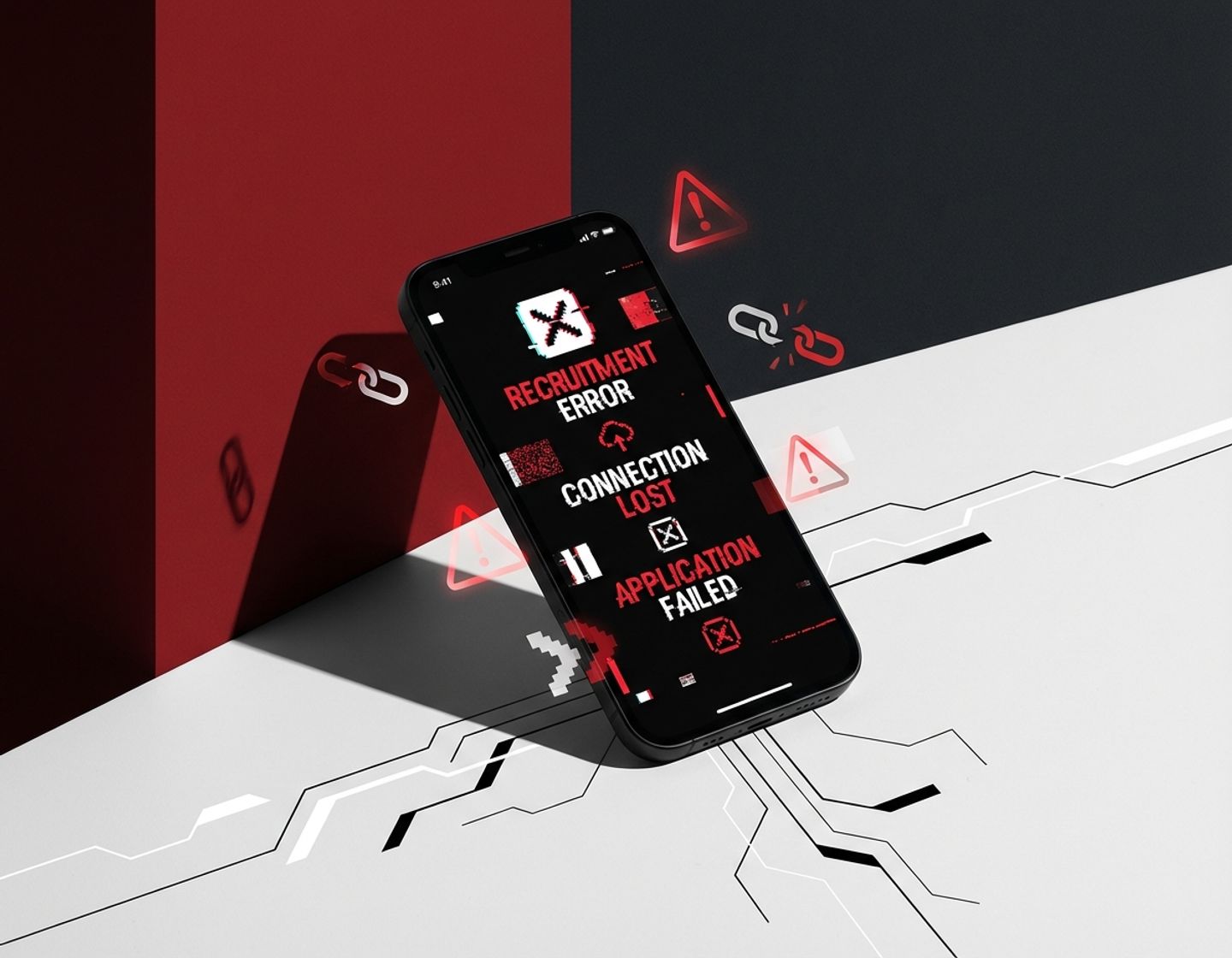 smartphone met kapotte recruitment-app interface tegen rood-zwarte achtergrond met foutmeldingen en waarschuwingspictogrammen