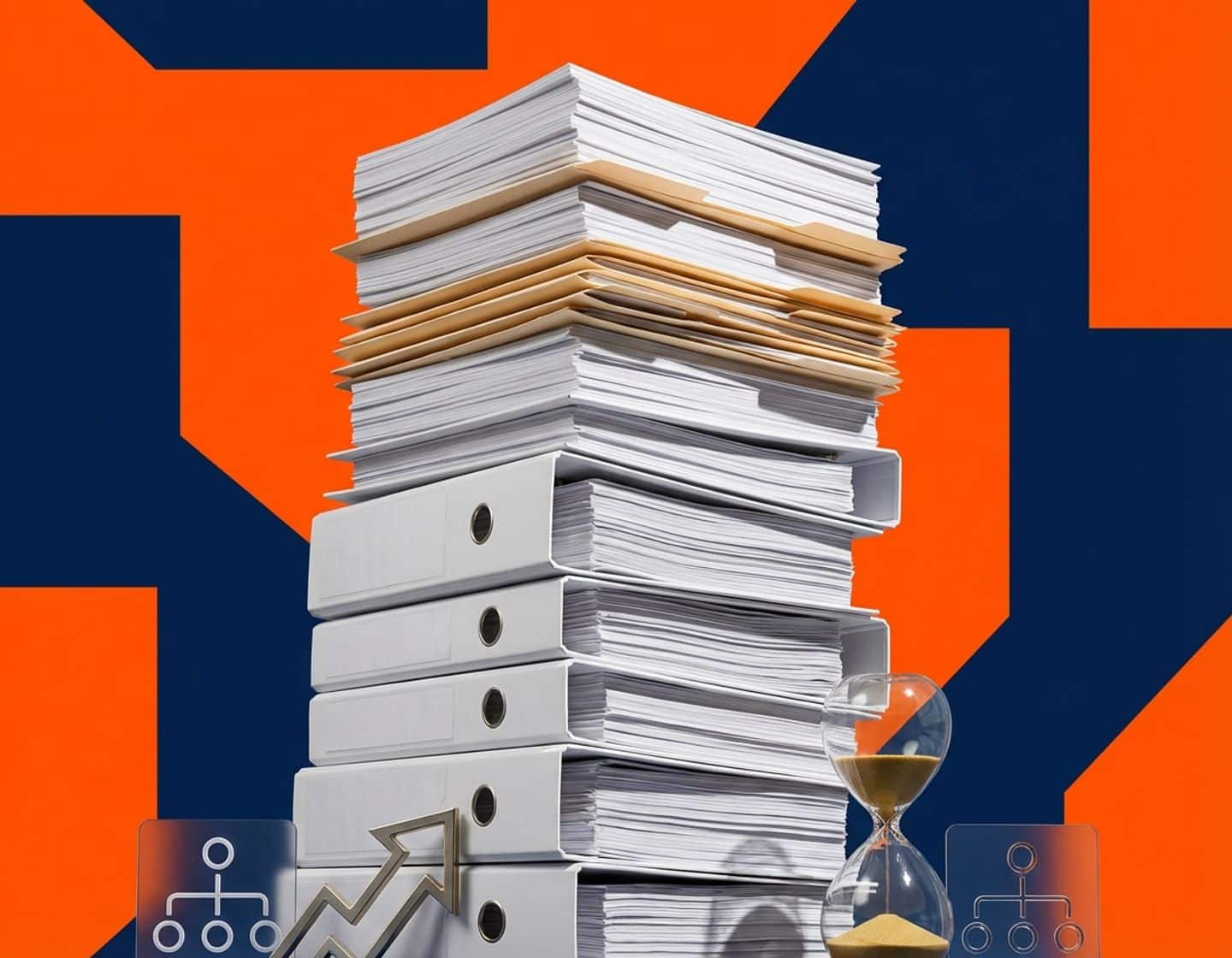 hoge stapel witte documenten en mappen tegen oranje en marineblauw geometrische achtergrond met zandloper en organogrammen