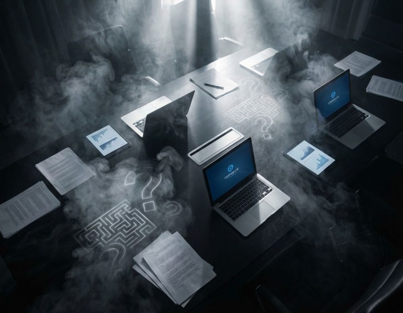 zwarte conferentietafel met laptops en documenten omhuld door mist, dramatische belichting toont hr-recruitment mysterie