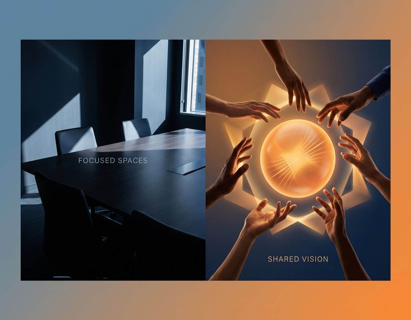 moderne vergadertafel met lege stoelen naast handen die naar gloeiende orb reiken, navy en oranje kleuren