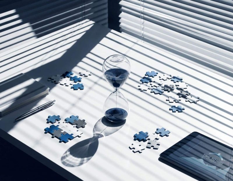 zandloper met vallend zand op modern bureau omringd door puzzelstukjes, venetiaanse jaloezie werpt geometrische schaduwen