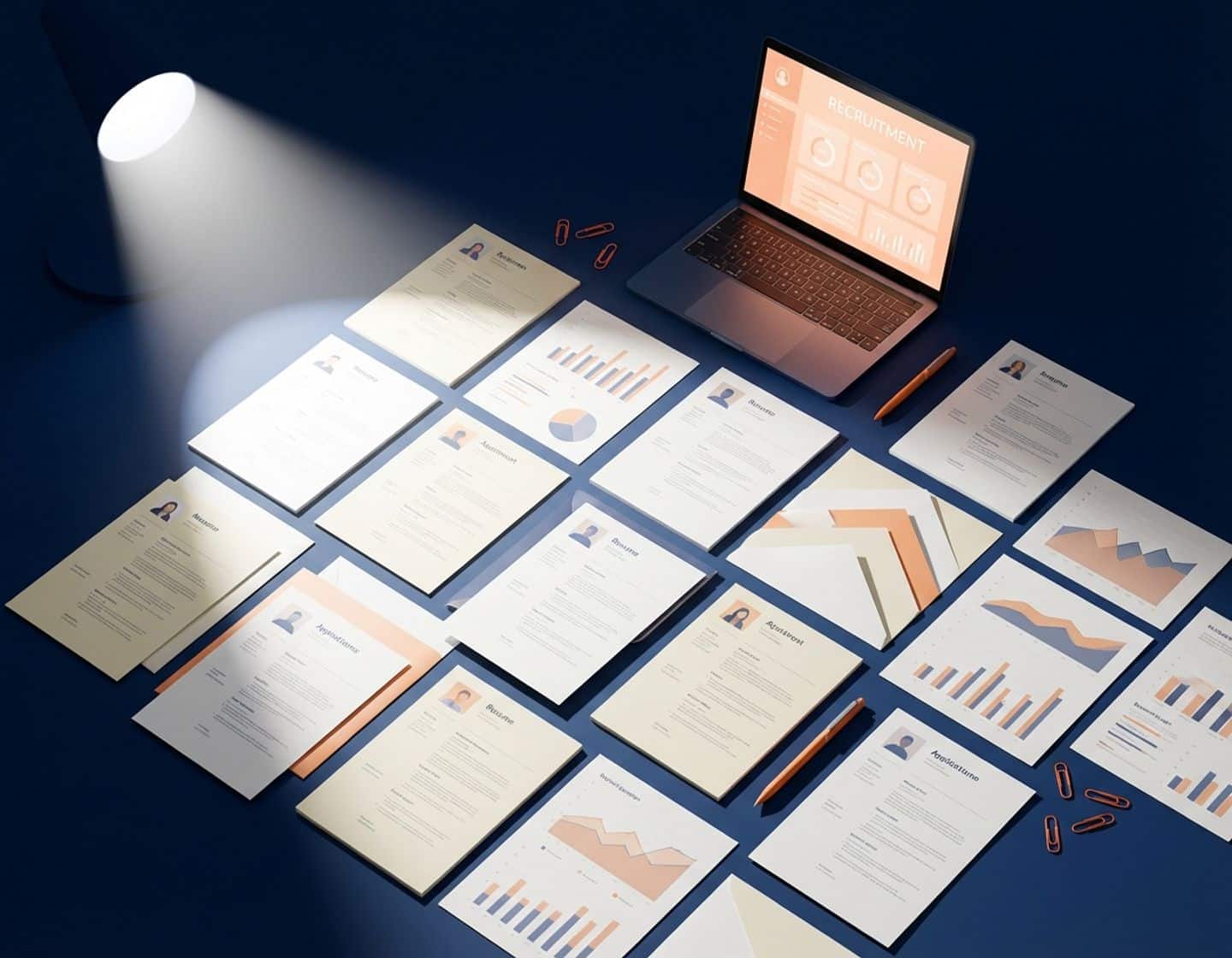 moderne kantoorwerkplek van bovenaf met cv's en sollicitatiebrieven op marineblauw bureau, laptop met recruitmentdashboard op achtergrond