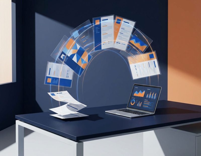 moderne wervingsscène met laptop en zwevende cv's in geometrische patronen op strak kantoorbureau met navy en oranje kleuren