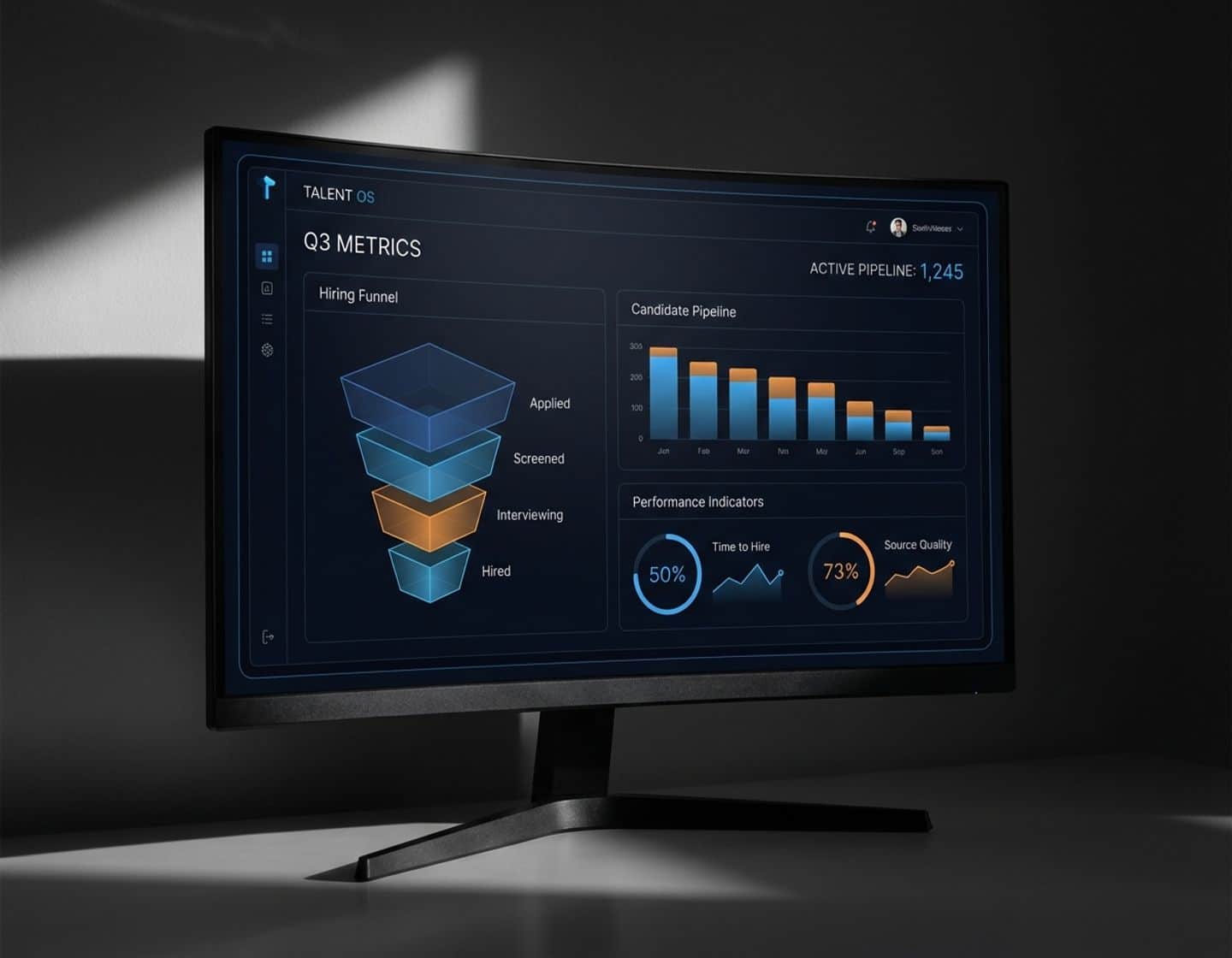 moderne recruitment dashboard op monitor met blauwe en oranje grafieken, wervingsstatistieken en data-analyses in donkere interface