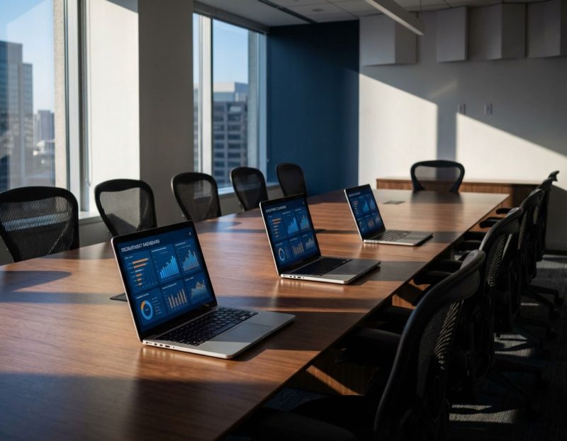 moderne bestuurskamer met laptops die recruitment dashboards tonen, ergonomische stoelen rond vergadertafel, dramatische belichting