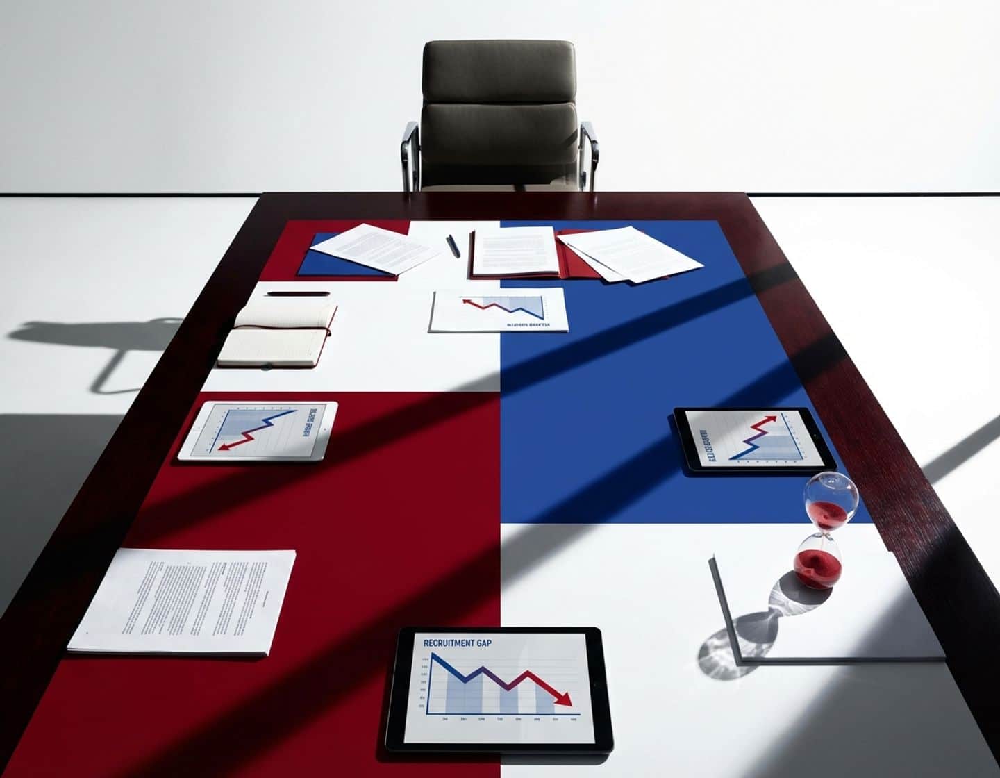 lege stoel aan vergadertafel met zakelijke documenten, dalende groeicurves en zandloper die vertragingen symboliseert