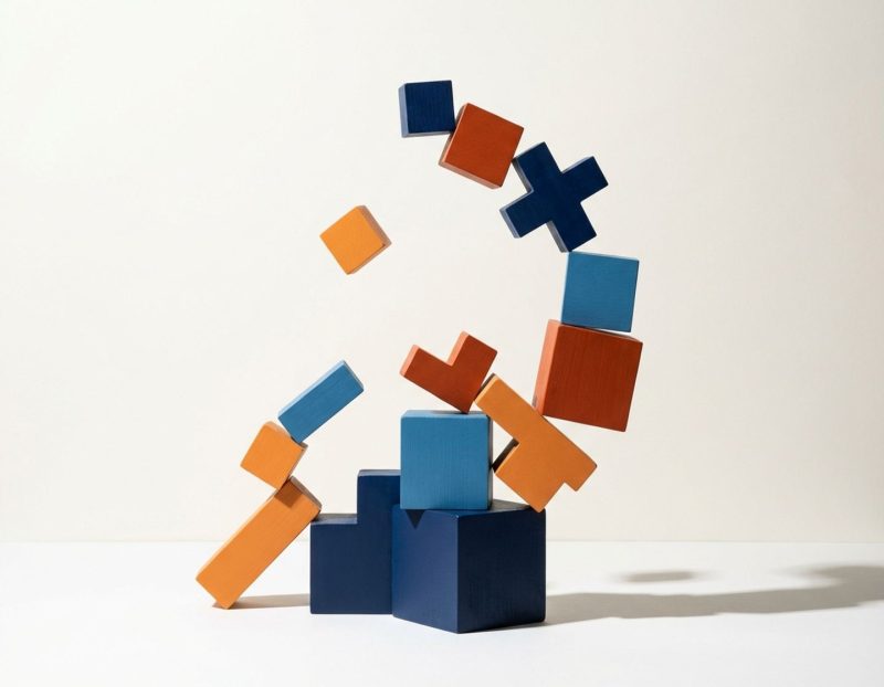 geometrische bouwblokken in blauw en oranje gestapeld in oplopende formatie, sommige vallen weg op witte achtergrond