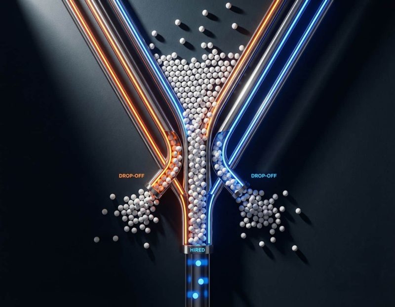 recruitmenttrechter visualisatie met metalen buizen, led-verlichting en witte bollen die kandidaten voorstellen in verschillende fasen