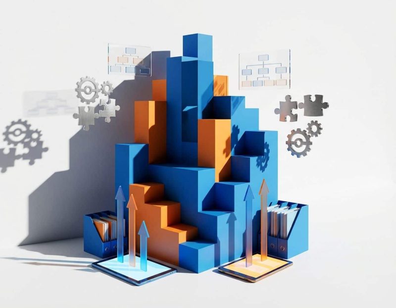 geometrische trappen in blauw en oranje met opwaartse pijlen, tandwielen en puzzelstukken die groei en structuur symboliseren