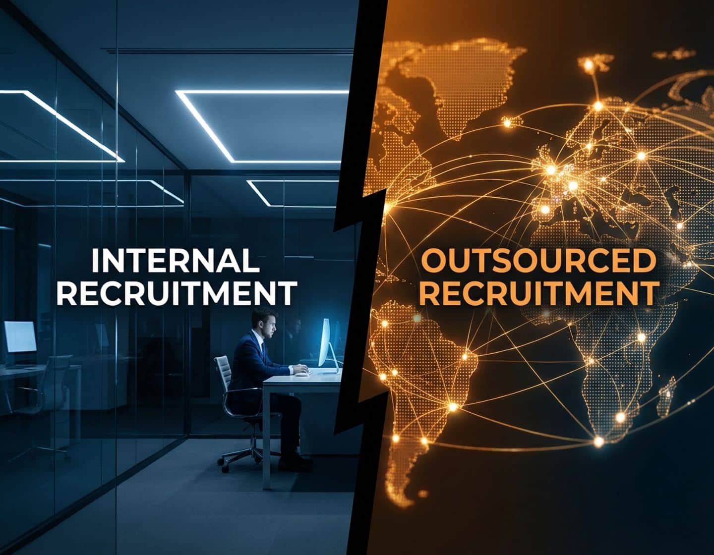 split-screen vergelijking interne versus uitbestede recruitment: kantoorinterieur links, digitaal netwerk rechts